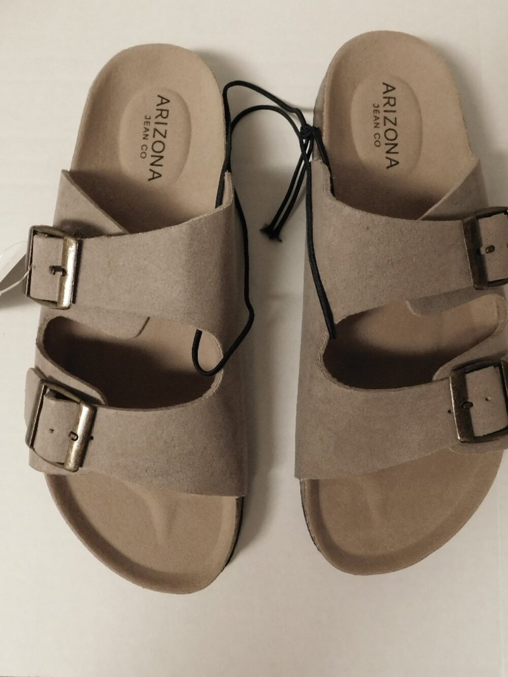ARIZONA JEAN CO Taupe Double Buckle Slide Sandals Faux Leather Beachy Casual 7 - Picture 1 of 12